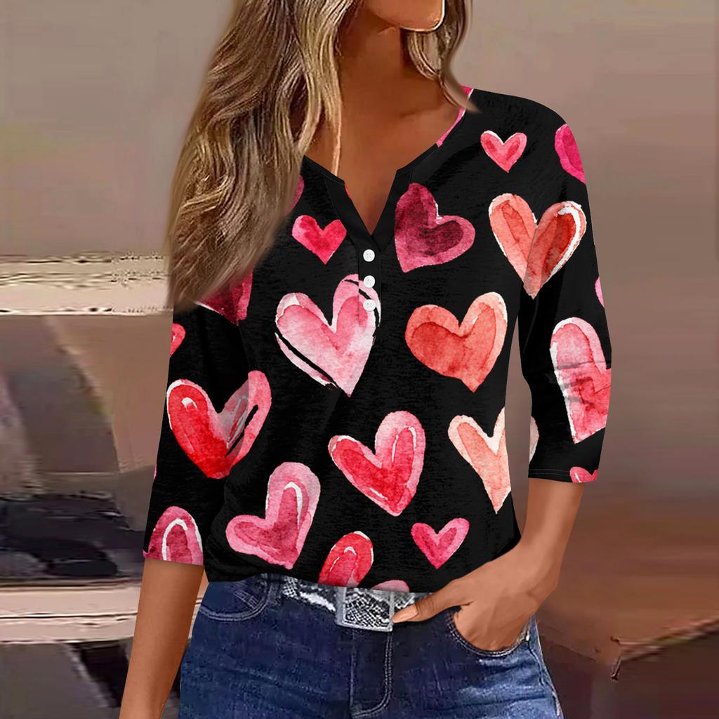 Жен. Футболка Футболка С принтом Пуговицы Рукав 3/4Ежедневно Выходные Мода Классический Топ с v-образным вырезом Обычный