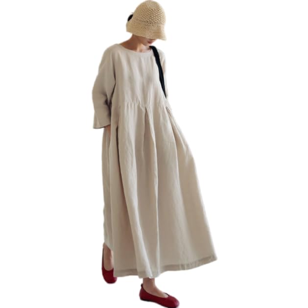 JINJUDUO Длинное свободное хлопковое женское платье, Модное, Милое, По фигуре, Веганское, Отделка, Повседневное, Летнее, Осеннее, (Абрикосовый, XL)