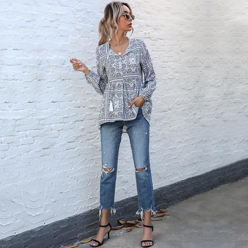 YYFS Женские винтажные повседневные блузки и рубашки с v-образным вырезом и длинными рукавами в богемном стиле