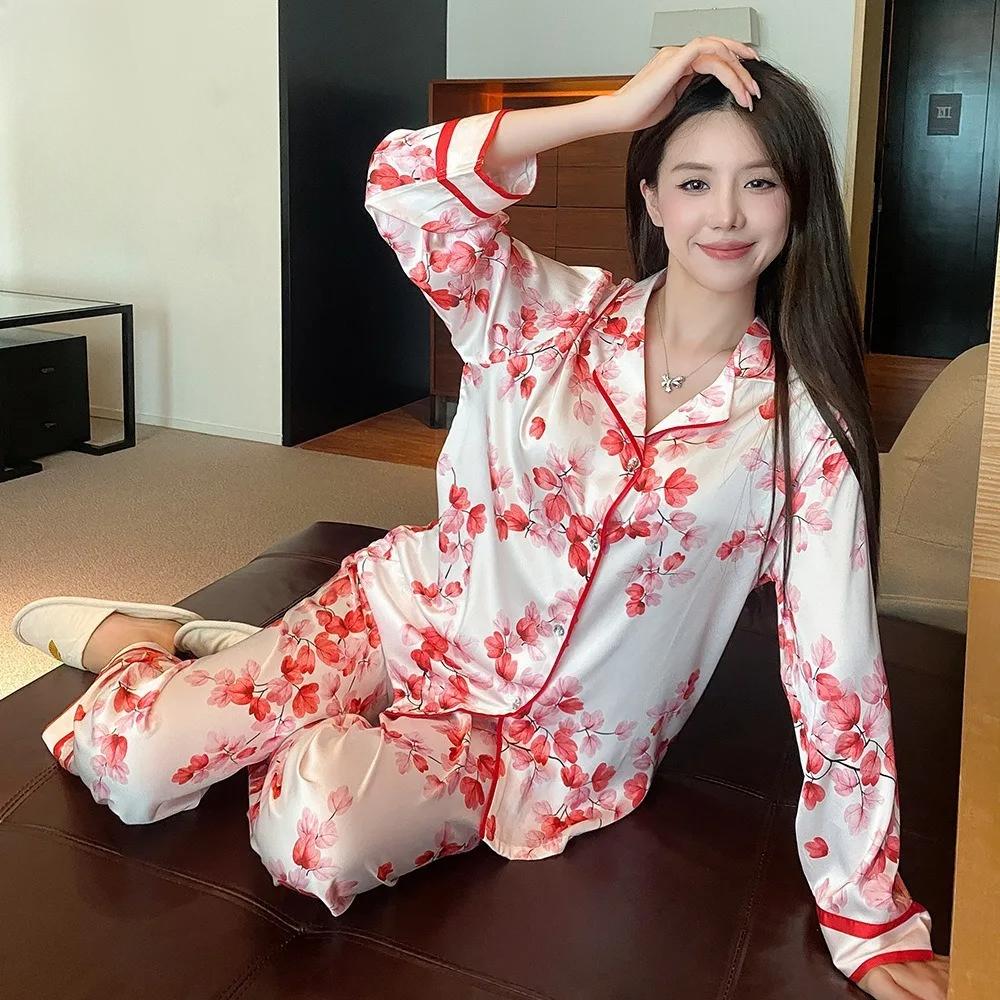 Весна и осень Новый стиль брюки с длинными рукавами отворотом удобные пижамы для женщин Ice Silk розовые листья женская домашняя одежда