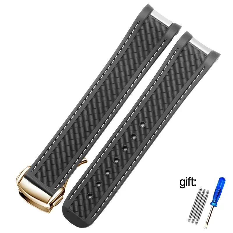 Curved 20mm Rubber Watchband Fit for Omega AT150 Seamaster 300 AQUA TERRA Diving Bracelets Black Blue Silicone Watch Strap