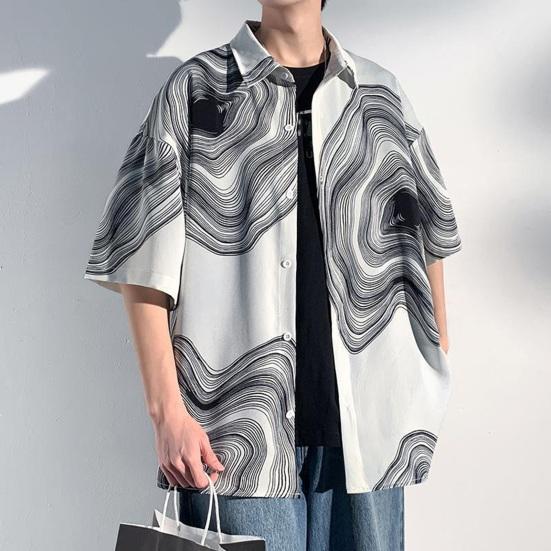 Летняя мужская рубашка в стиле ретро с абстрактным принтом и половиной рукавов в стиле хип-хоп, свободный контрастный цвет, однобортный отложной воротник, быстросохнущий мягкий дышащий топ