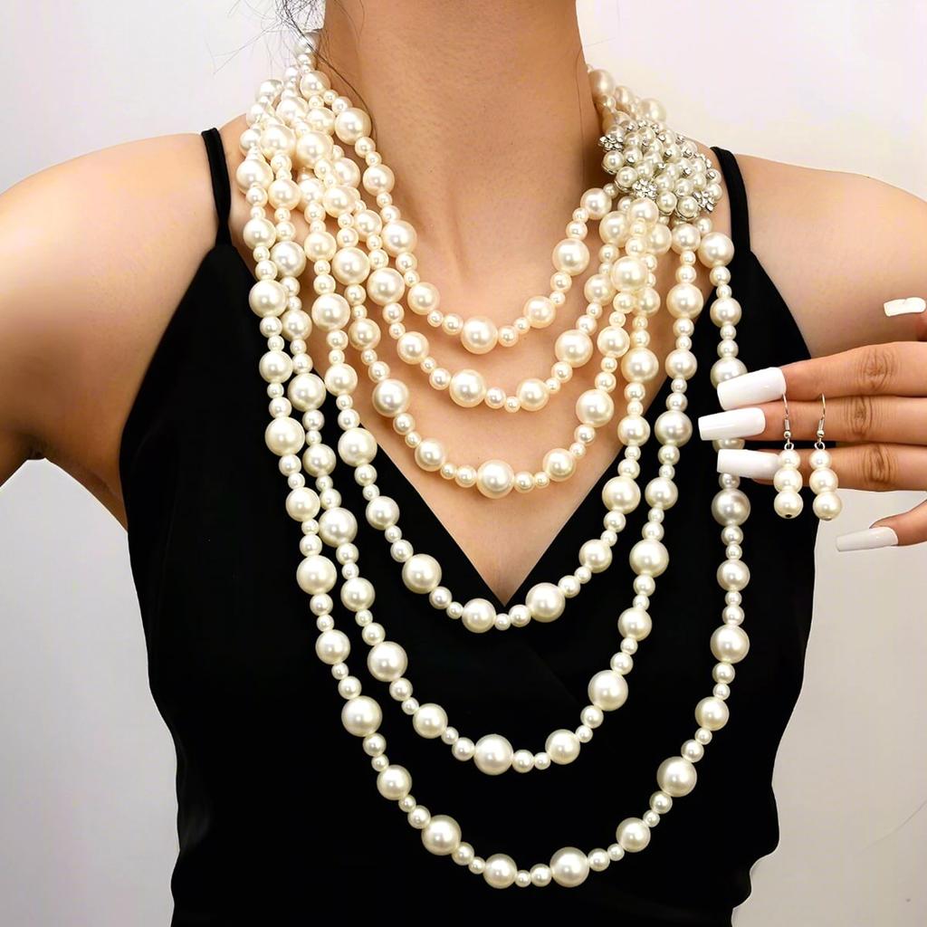 Exaggerated Multi-Layer Imitation Pearl Necklace Earrings Set With Diamonds And Flowers Gorgeous Sweater Chain For Women