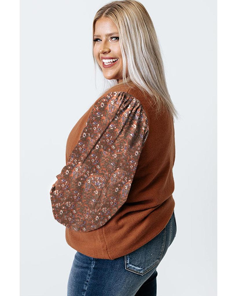 Azura Exchange Коричневый свитер размера плюс с принтом и ребристыми рукавами