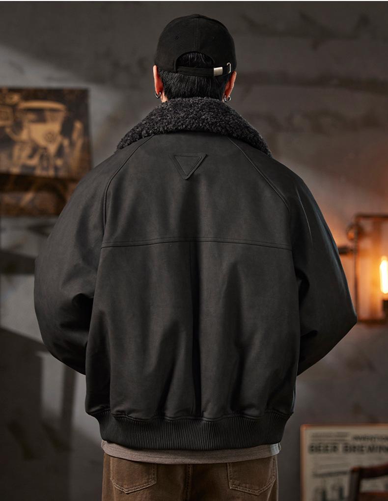 Men's 2025 Autumn/Winter Retro American Style PU Leather Down Jacket with Detachable Fur Collar