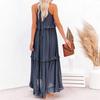 Women Vacation Dress Ruffle Off Shoulder Sleeveless Halter Neck Patchwork A-line Loose Pleated Side Pockets Solid Color Cake