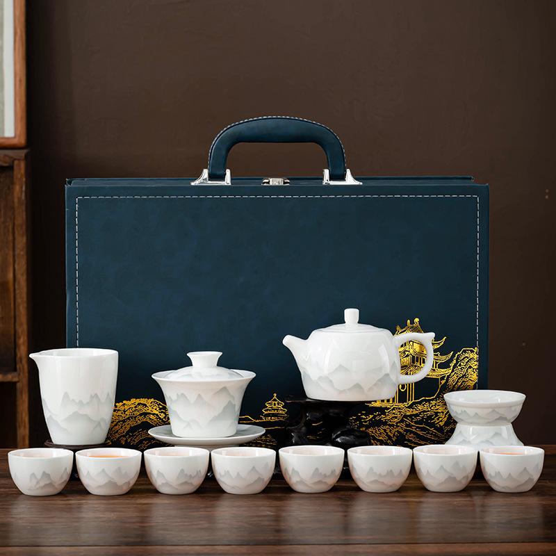 Chinese ink and wash Dehua white porcelain Kung Fu tea set business office gift box suet jade business gifts can be customized