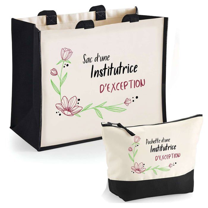 Coffret duo - PLANETEE - Cabas jute & trousse « Institutrice d'exception » - 33x42 cm - Jute/Coton - Fabrication française