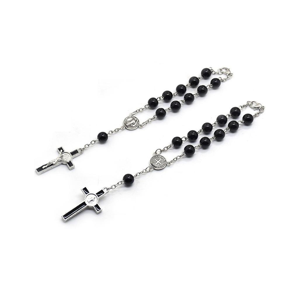 Fashion Simple Dangle Cross Bracelet Black Beads Jesus Pendant Bracelet for Women Anniversary Couple Jewelry Presents