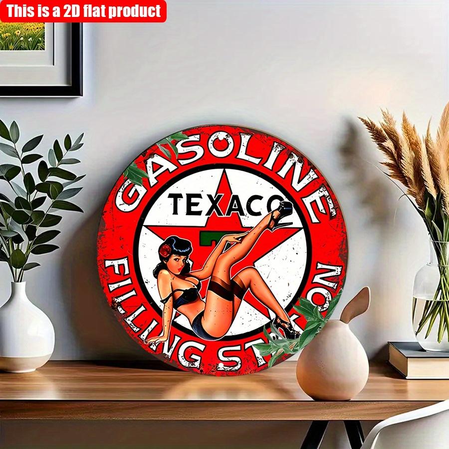 2D tekis 20*20cm 1 dona texaco benzin quyish shoxobchasi Retro Vibes Dumaloq Yoqilg'i Quyish Shoxobchasi Belgisi, Garaj uchun Noyob Devor San'ati, Yoqilg'i Quyish Shoxobchasini Dekoratsiyasi, Nostalgik