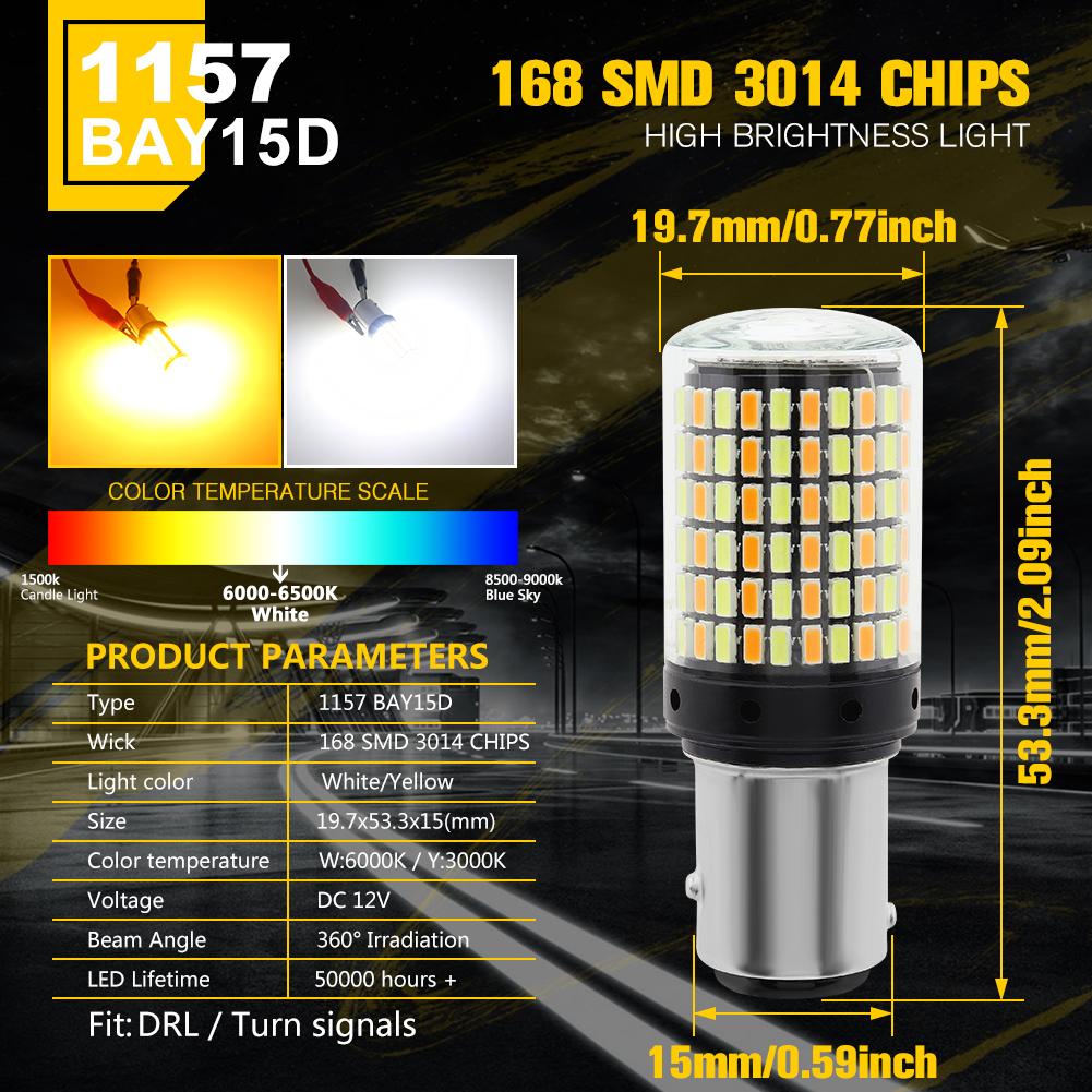 2Pcs 1157 BAY15D LED Light 3014 168SMD White Amber Double Color Switch DRL P21/5W For Car Turn Signal Lamp Reverse Lamp Bulb