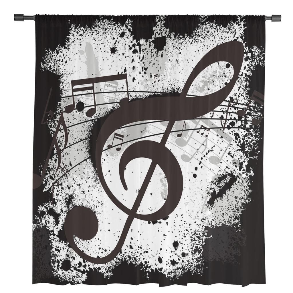 Music Notes Dot Drop Quaver Black Splash Ink Art Sheer Curtains for Living Room Window Curtains Kitchen Tulle Voile Curtains
