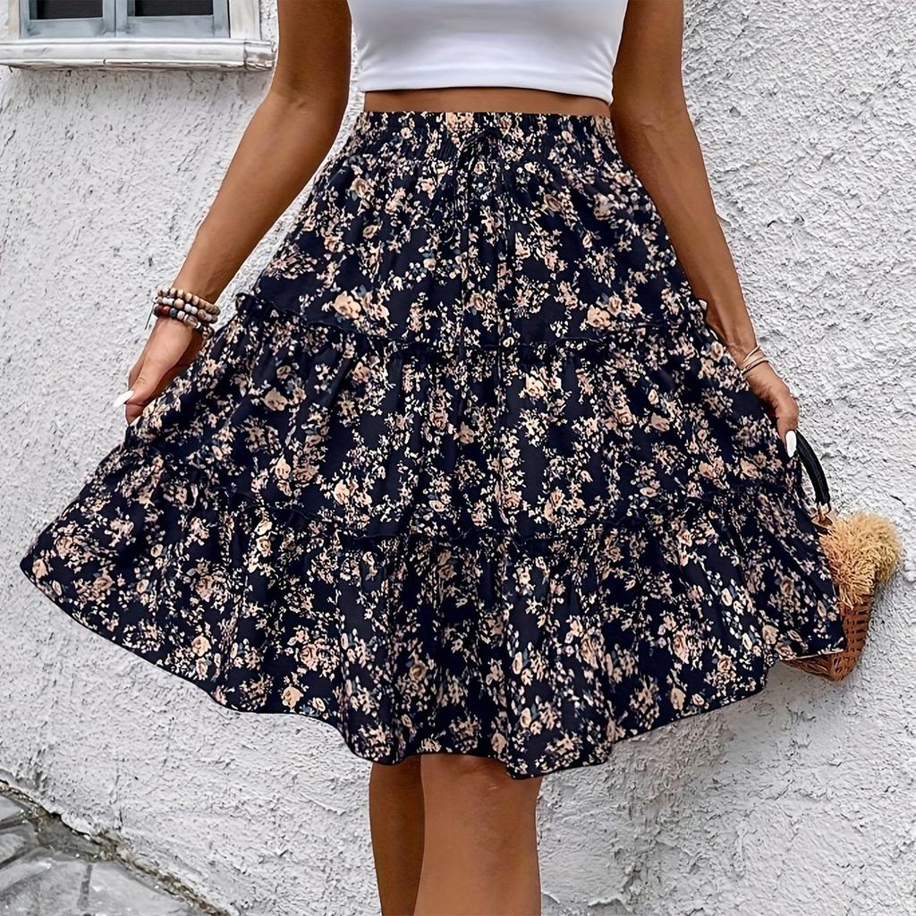 Women's Fashionable Floral Print Elastic Waist Strap Versatile Casual Skirt