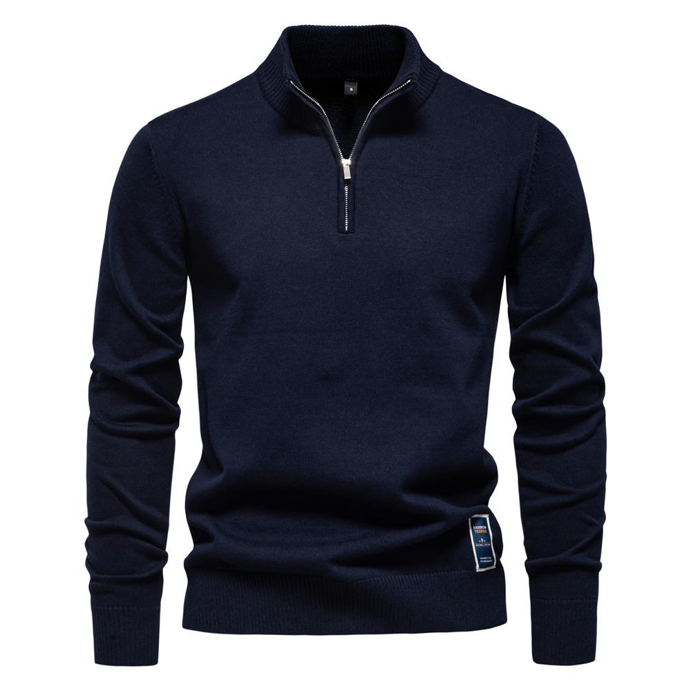 New Solid Color Cotton Sweater Men'S Stand Up Collar Half Zipper Slim Fit Men'S Knitted Sweater Top