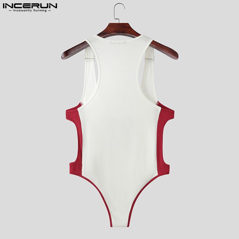 INCERUN Men Deep U Sleeveless Letter Print Fitted Playsuit Bodysuits Jumpsuits Underwear