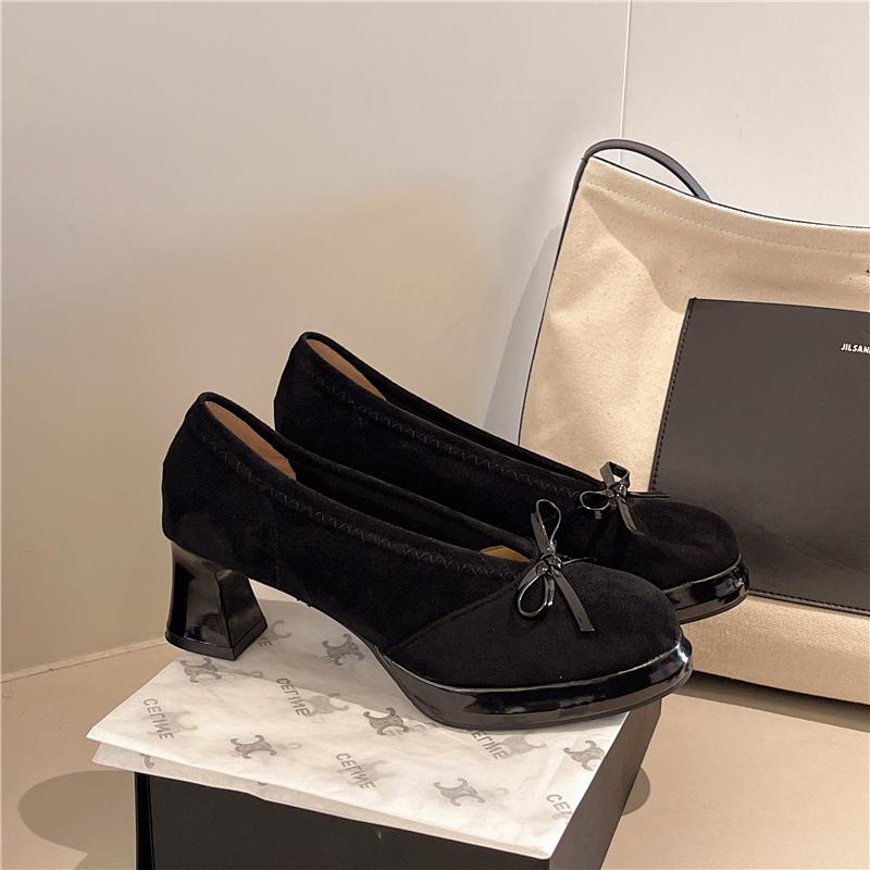 Мода 2025 Новые туфли-лодочки на высоком каблуке с замшей и бантом, одинарные туфли слипоны, легкая повседневная женская обувь, стильная и удобная