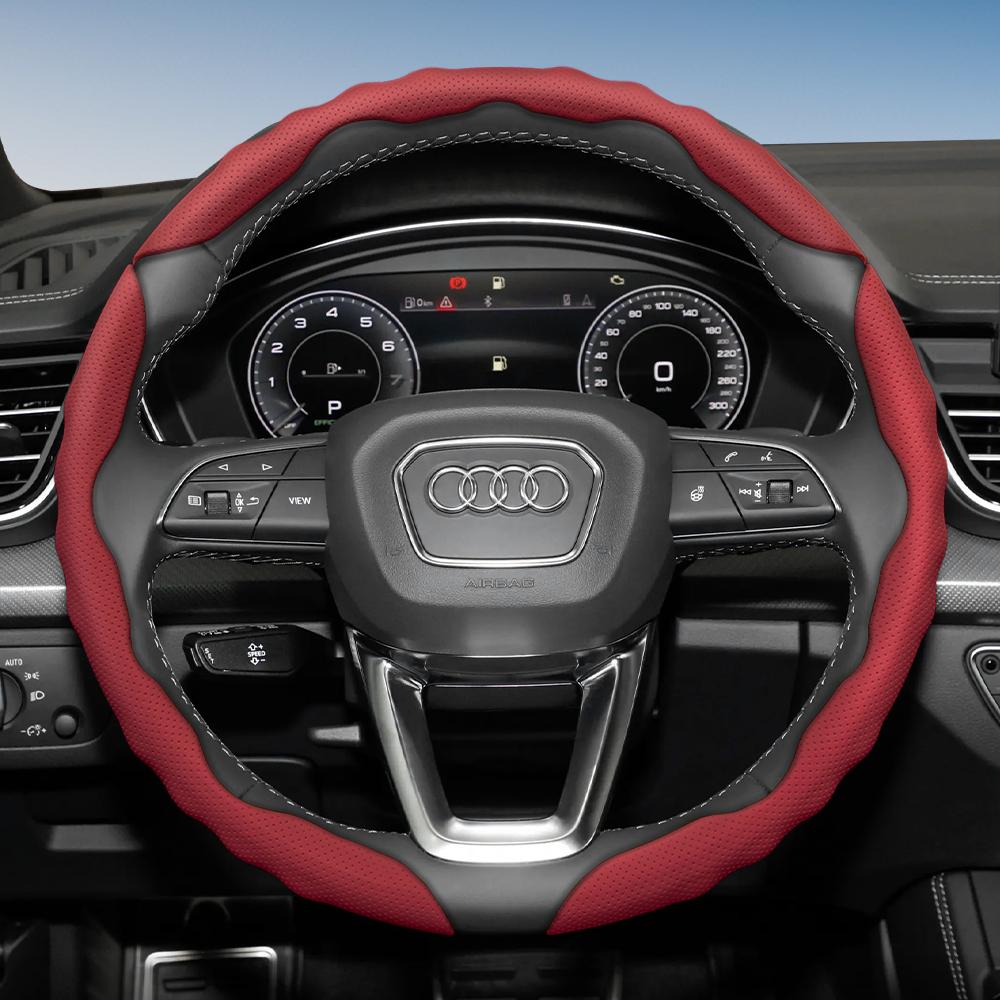 Steering Wheel Cover for Audi, Wave-Shaped Sporty Design, Breathable Leather, Segmented, Non-Slip, Sweat-Absorbent Protective Case A4 B8