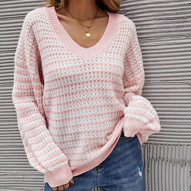 Вязаный повседневный полосатый пуловер с v-образным вырезом, женский свитер