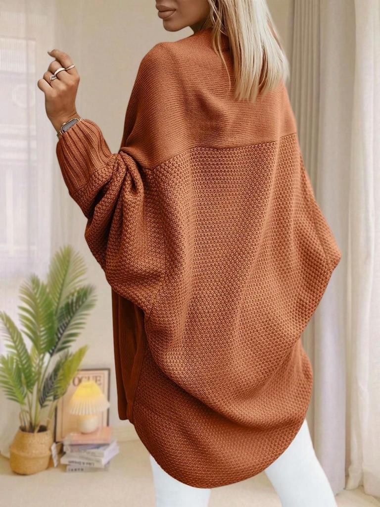 Женский oversized длинный кардиган-свитер с открытой передней частью, рукава летучая мышь, осенний трикотаж
