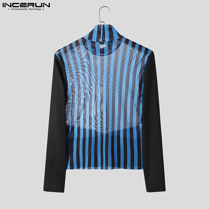 INCERUN Two-piece Men Long Sleeve Striped Mesh Sheer Bow Tops and Pants Sets