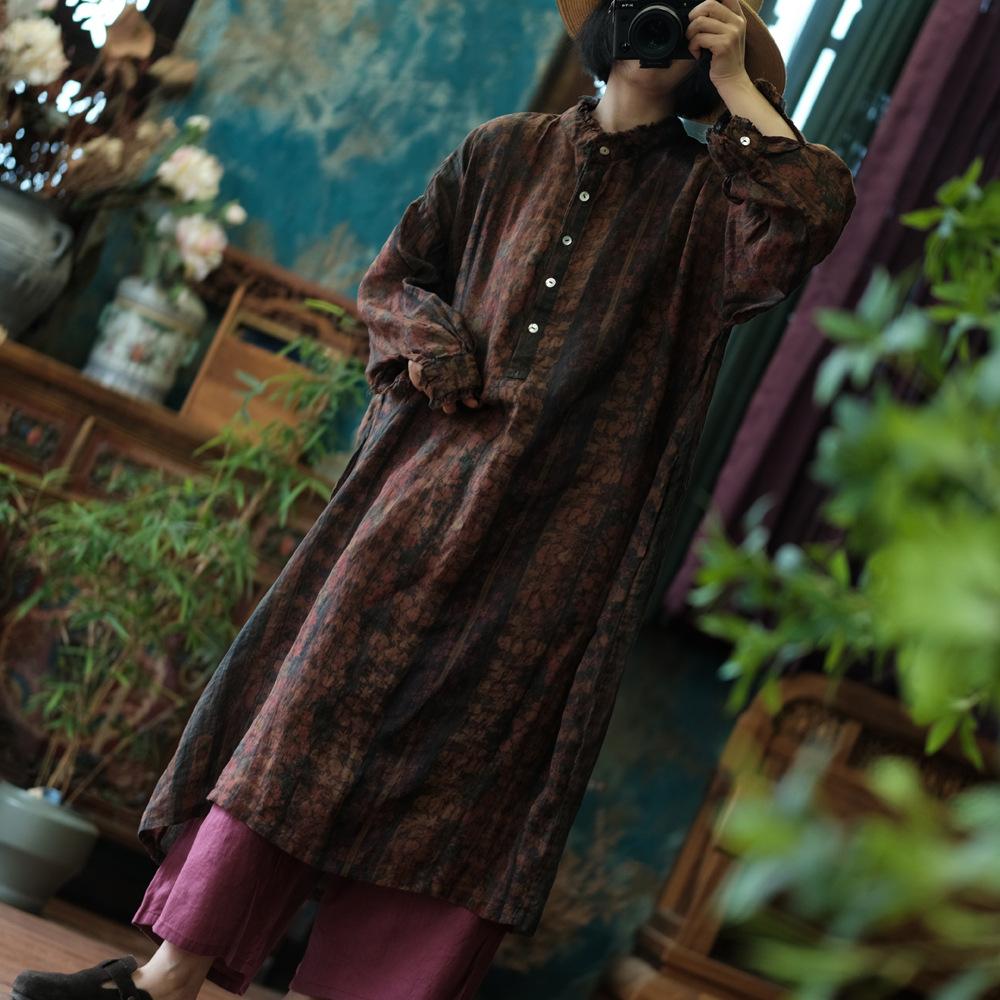 Johnature Women Vintage Print Floral Dress Stand Long Sleeve Red Linen Chinese Style Autumn Women A-Line Dress