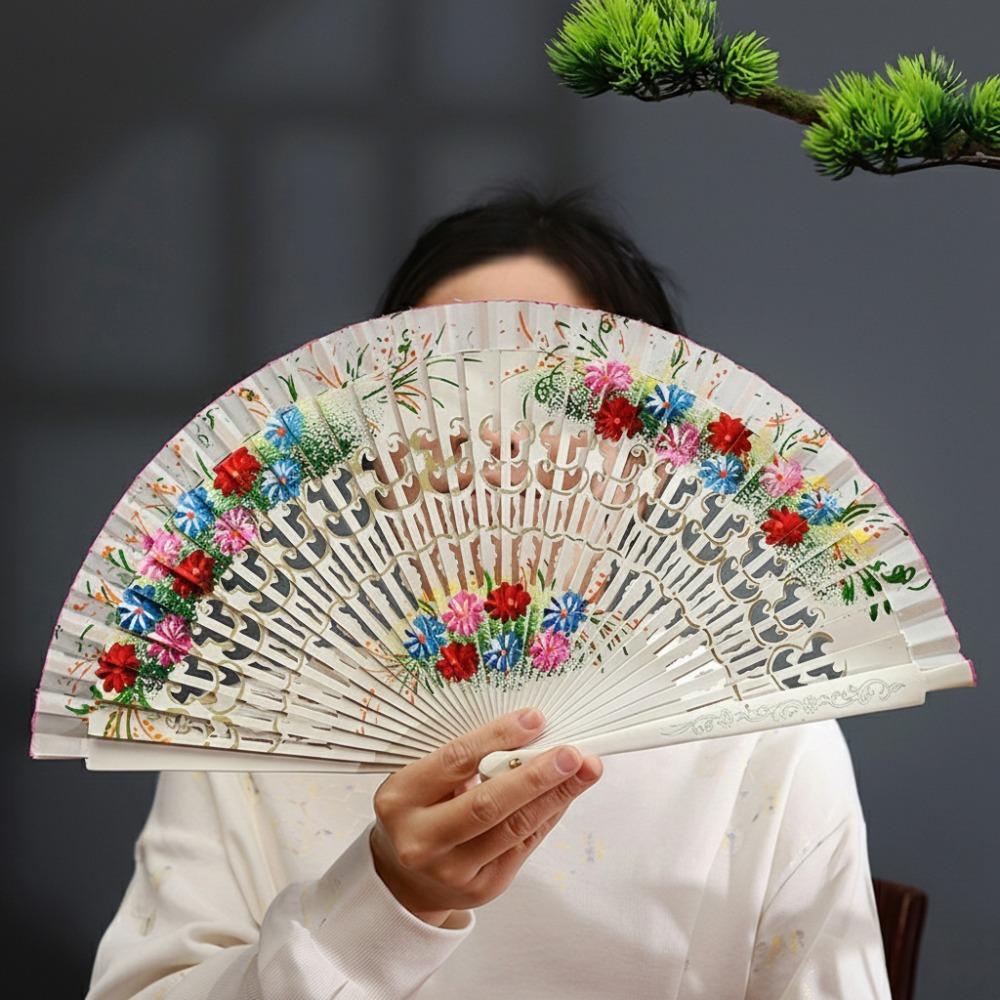 Colorful Hand Painted Fan Wooden Chinese Vintage Fan Portable Spanish Wood Fan Home Decor