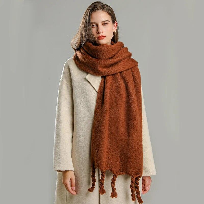 Winter Scarf Women Luxury Mohair Scarf Cashmere Warm Pashmina Solid Female Scarves Wraps Thick Soft Bufanda Big Tassels Shawl Long Stole Scarf