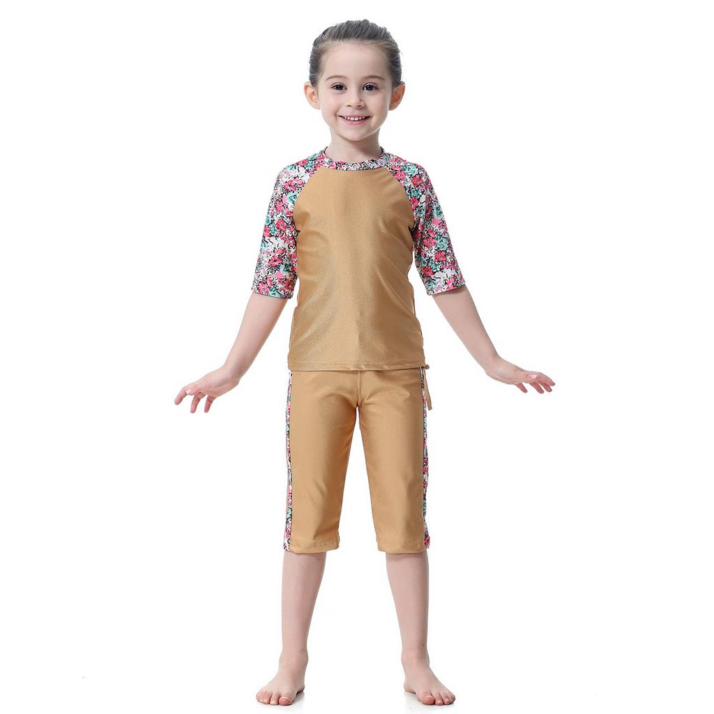 Three-Piece Swimsuit Girls Short Sleeve Print Floral Swimming Suit for Kids Swimwear Baby Children Swimming Bathing Suit with Cap