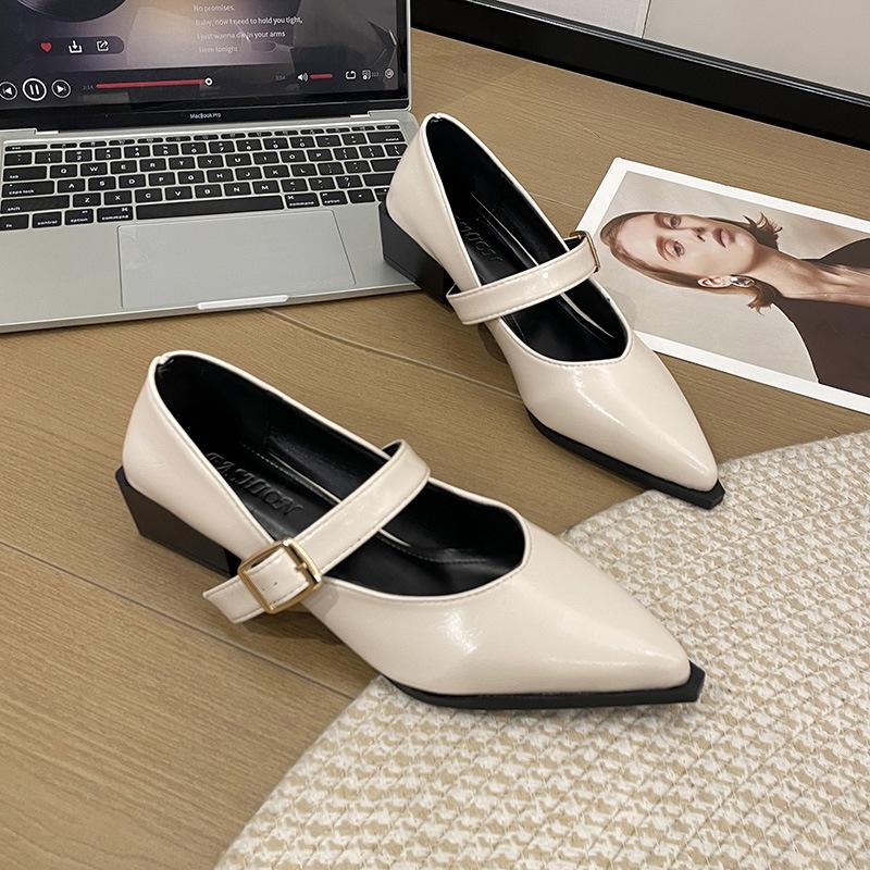 Новые остроносые универсальные туфли на толстом каблуке средней высоты для женщин, с неглубоким вырезом, кожаные туфли-лодочки Мэри Джейн