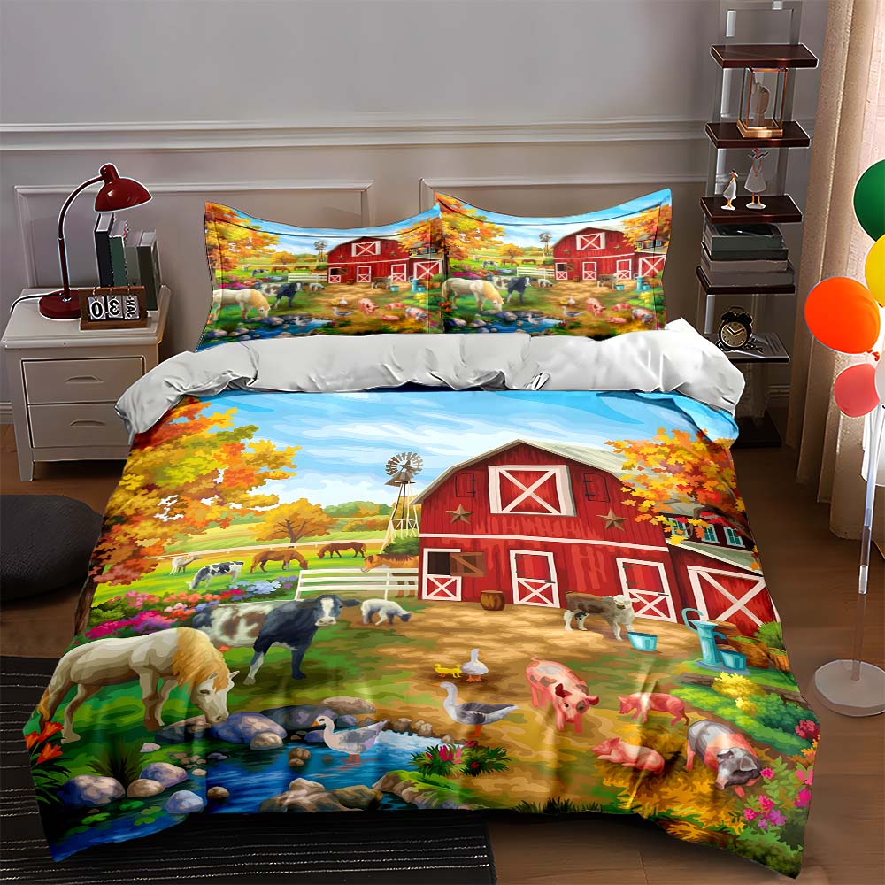 Farmyard scene illustration. Bedding Duvet cover sets Duvet covers Pillowcases gifts (1 * Duvet Cover 2 * Pillowcases, without duvet insert)