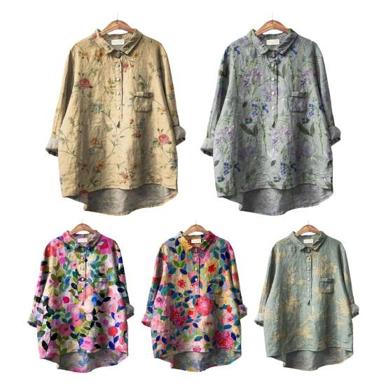 Женская рубашка с лацканами и пуговицами на рукавах 3/4, рубашка с вырезом, топы с цветочным принтом, свободная посадка, повседневная рубашка, тонкая блузка, уличная одежда