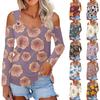 Women's Fashion Floral Print V Neck Long Sleeve Buttoned Off Shoulder Casual T Shirt Top