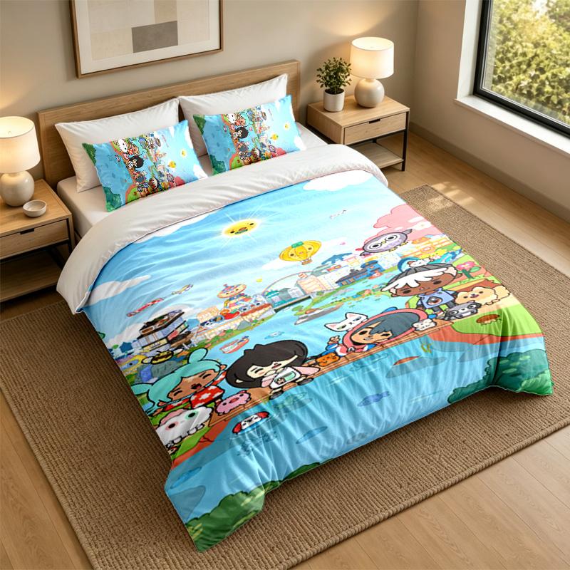 Soft Bedding Set Toca Boca Pattern, 1 Duvet Cover plus 2 Pillowcases Stylish Bedroom Home Textile