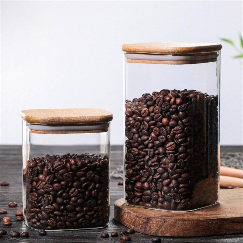 Прозрачная квадратная герметичная банка, стеклянная банка для специй с крышкой, кухонный резервуар для хранения кофейных зерен, контейнер для еды