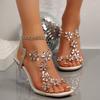 Foreign Trade Large Size Rhinestone Flower Sandals Women's Summer New Square Head Crystal Thick Heel Fairy Wind Transparent High Heel Sandals