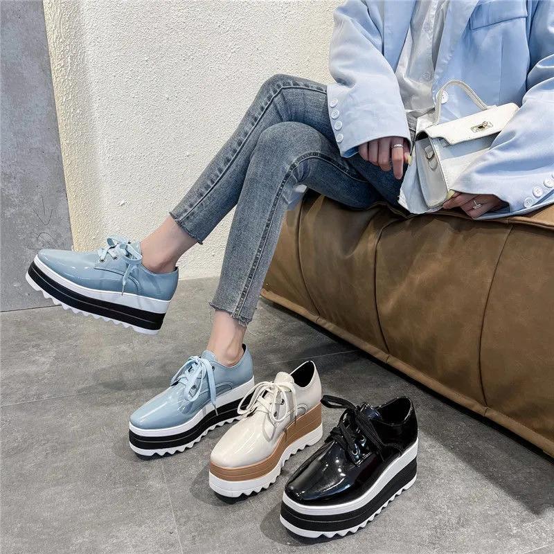 Женская обувь, Туфли на платформе на танкетке, Женские 41 Лоферы из лакированной кожи в британском стиле на толстой подошве на шнуровке