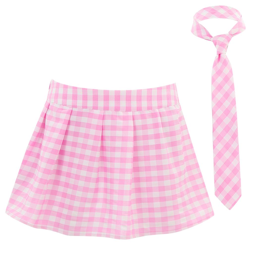 Women Plaid Pleated Mini Skirt with Attached Necktie School Uniform Style Zipper Closure Fancy Dress Costume