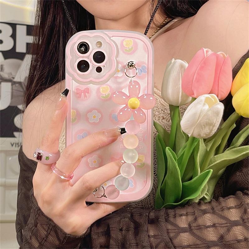 Korea Cute 3d Clear Flower Beads Bracelet Lens Protective Phone Case For Iphone 13 12 11 Pro Xs Max X Xr Shockproof Soft Cover
