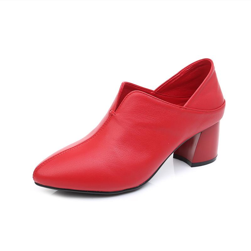 Натуральная кожа толстые каблуки глубокий носок одинарные туфли женские новые весна и осень новые женские туфли коровья кожа высокие каблуки