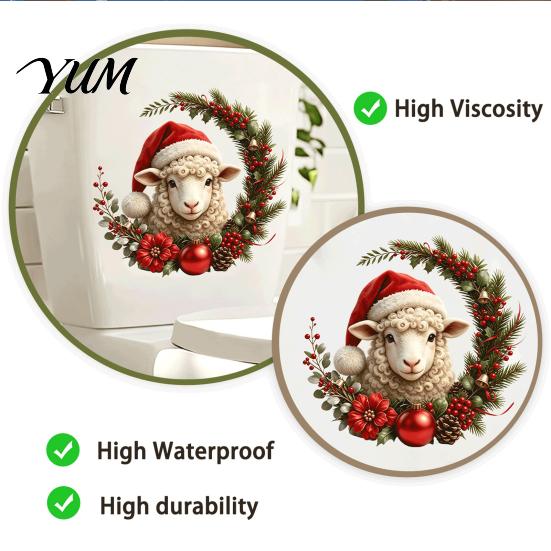 Christmas Theme Bathroom Decor Sheep Toilet Stickers, Self-Adhesive Lamb Lid Decals, Waterproof Garland Stickers Xmas for Tank Tile Home Holiday