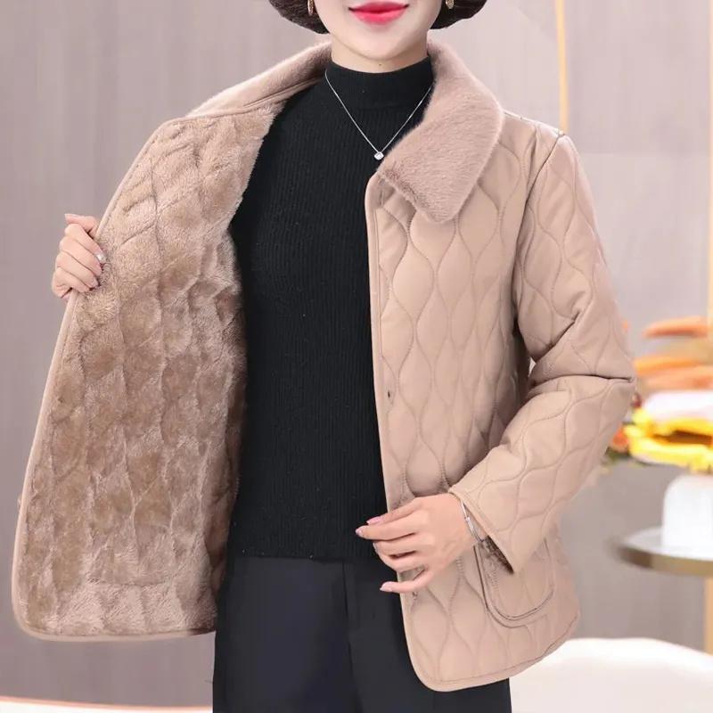 Winter Plush Jacket Winter Mom's Fashion Plus Size Loose Thick Fur Collar Coat For Mid-Aged Women With Velvet Warm Quilted Coat
