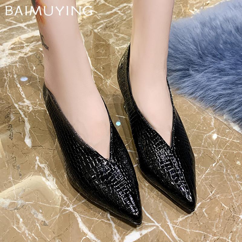 Chunky Women Shallow Shoes Pointed Toe Elegant Mid Heels Leather Pumps 2025 Trend Designer Dress Party Winter Femme Chaussures