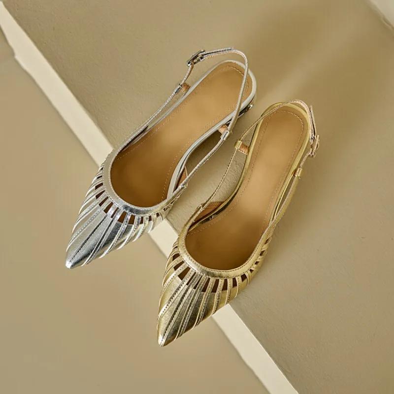 Новые женские туфли с острым носком 2024 года на весну и лето, босоножки на высоком каблуке золотисто-серебряного цвета с ремешком, универсальные, с открытой пяткой