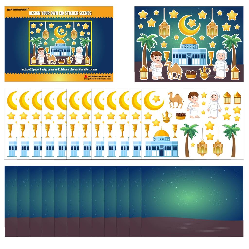 12Sheets Eid Mubarak DIY Stickers Kids Puzzle Game Toys Islam Muslim Party Supplies 2026 Ramadan Home Decoration Wall Sticker