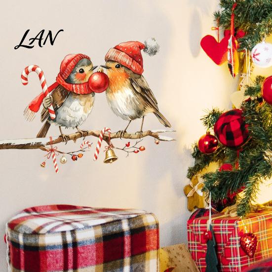 Festive Watercolor Art Decor Christmas Birds on Tree Branch Wall Sticker, Cute Bird Decal DIY Holiday Room with Ball, Candy Cane, Bell for Bedroom,