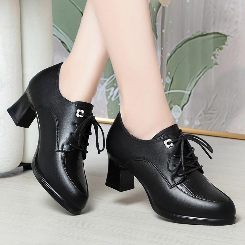 Fashion Spring Autumn Women's Pumps Fashion Deep Mouth Pumps Shoes Woman Genuine Leather Lace Up Single Shoes Mother High Heels Shoes