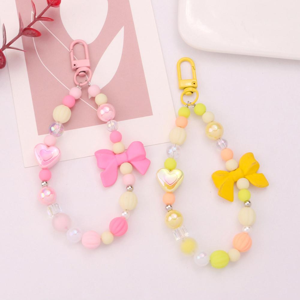 Colored Round Bead Keychain Pendant Cute Bow Heart Star Crystal Phone Anti-lost Rope Colorful Phone Lanyard Glitter Wrist Straps