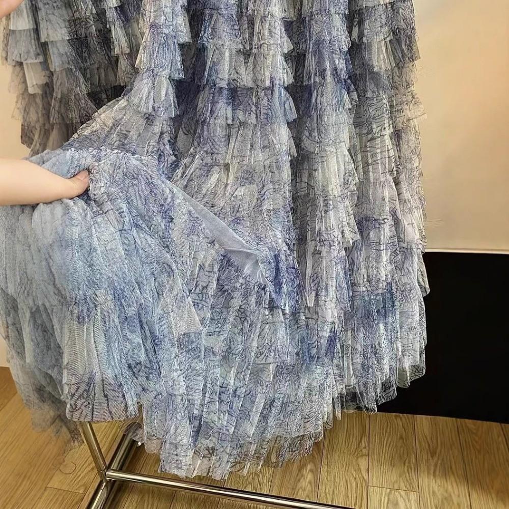 Qooth Женская А-силуэтная юбка из тюля с градиентом и оборками, широкий подол, средней длины, эластичная талия, повседневная юбка QT2636