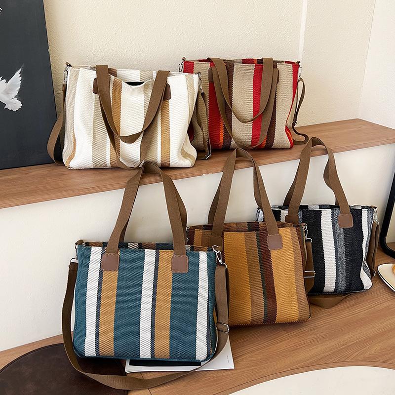 Big Bag Women's New Fashion Striped Canvas Versatile for Commuting Hand-held Tote Bag Trendy Single Shoulder Crossbody Mommy Bag