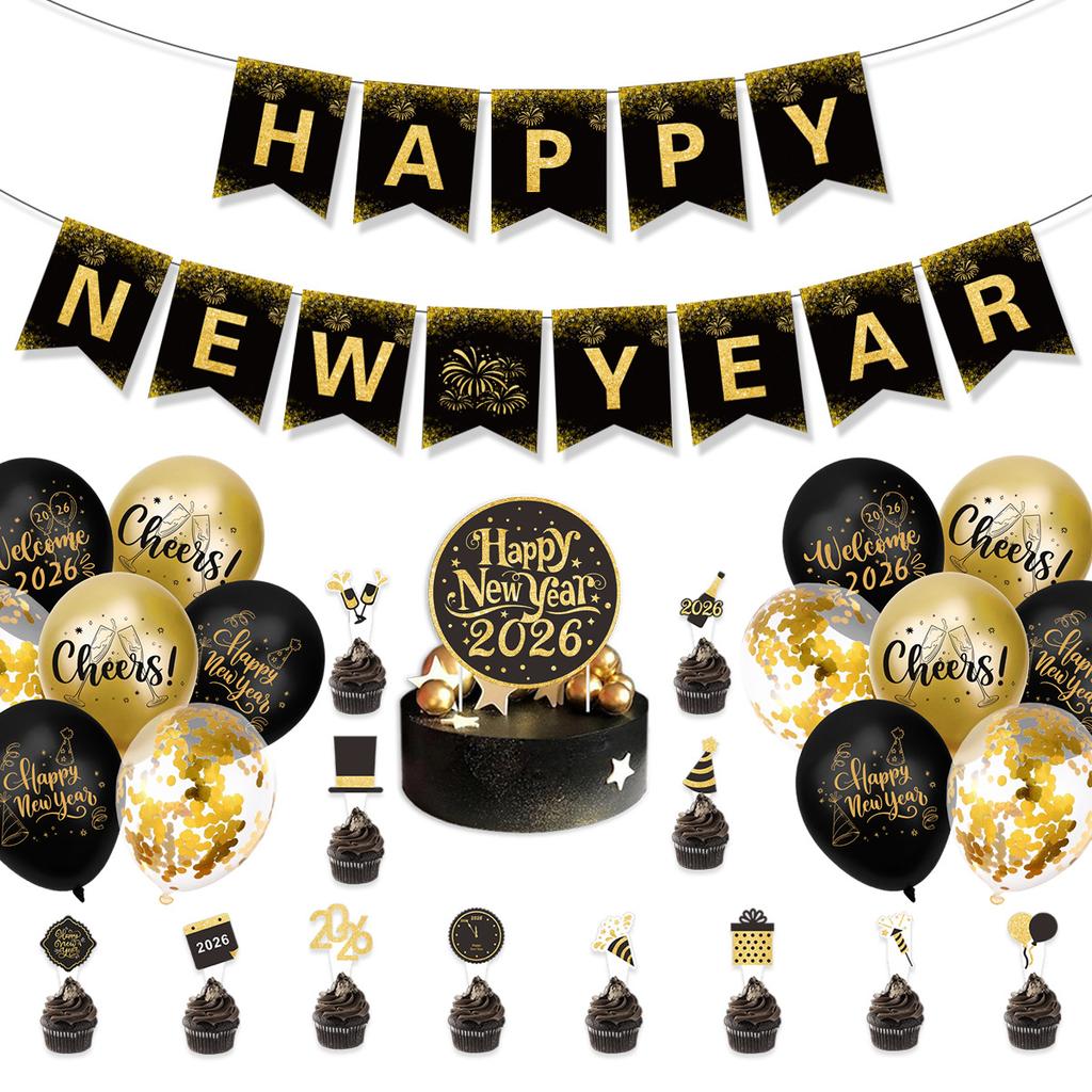 Happy New Year Banner New Year'S Party Decoration Black Gold Flag Balloon Set Customization
